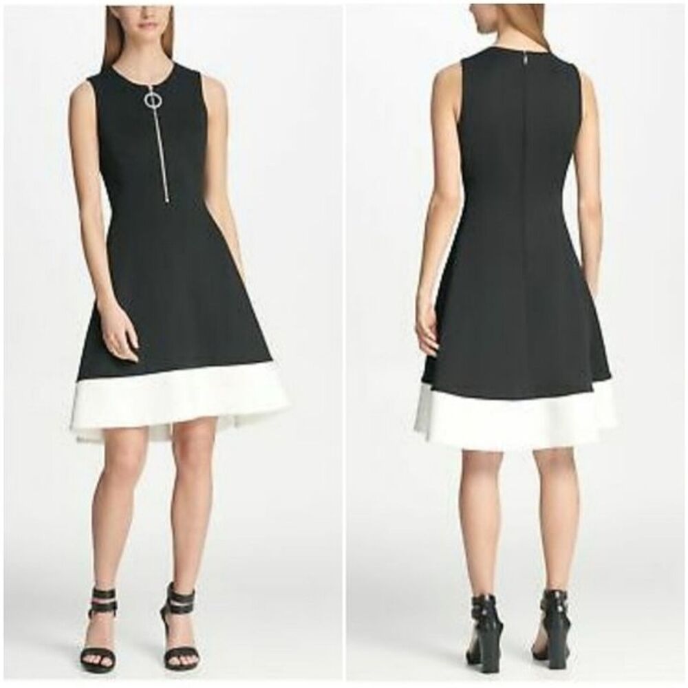 DKNY Dress, Size 4, Black White Front Zip Fit Flare Mini Design Sleeveless